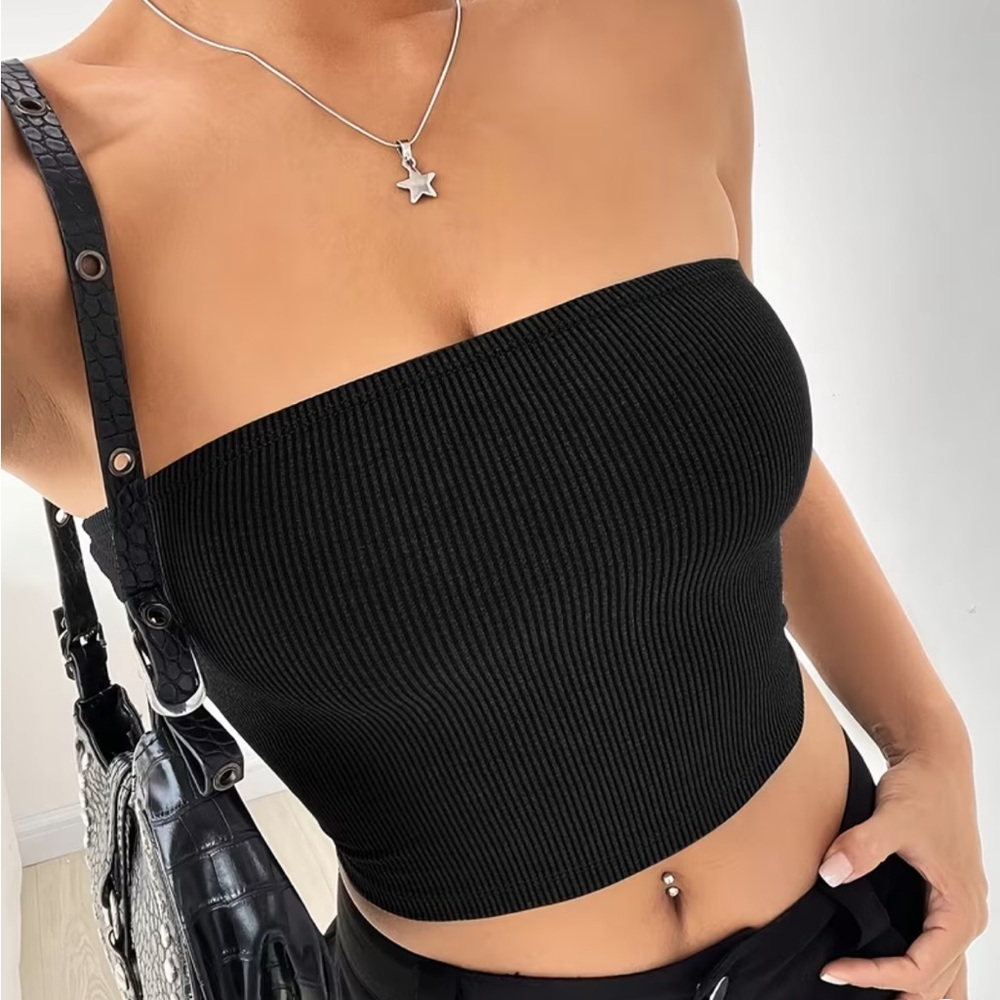 Black Ribbed Strapless Top
